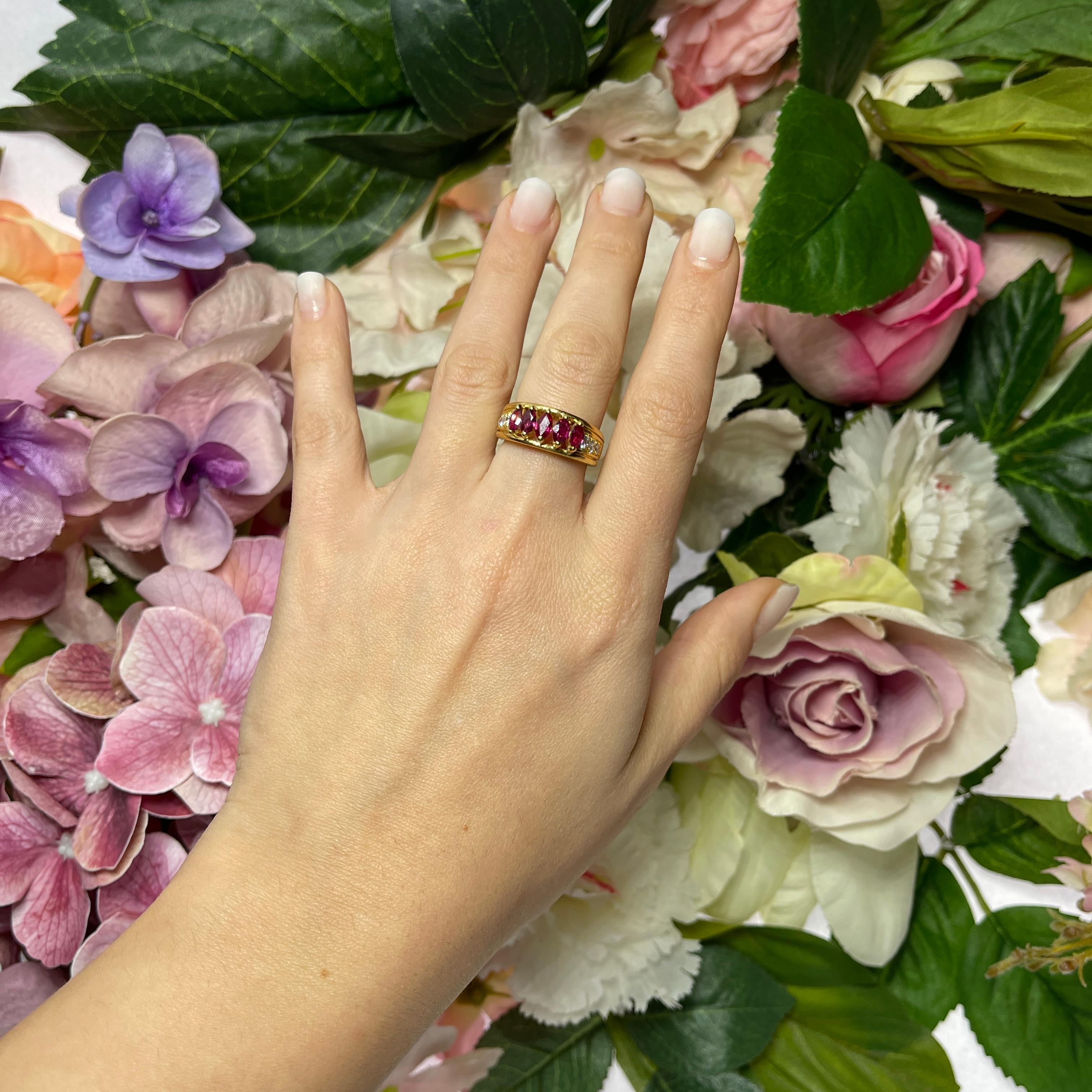 18K Yellow Gold Band Ring with Ruby Navettes and Diamond Pavé For Sale 1