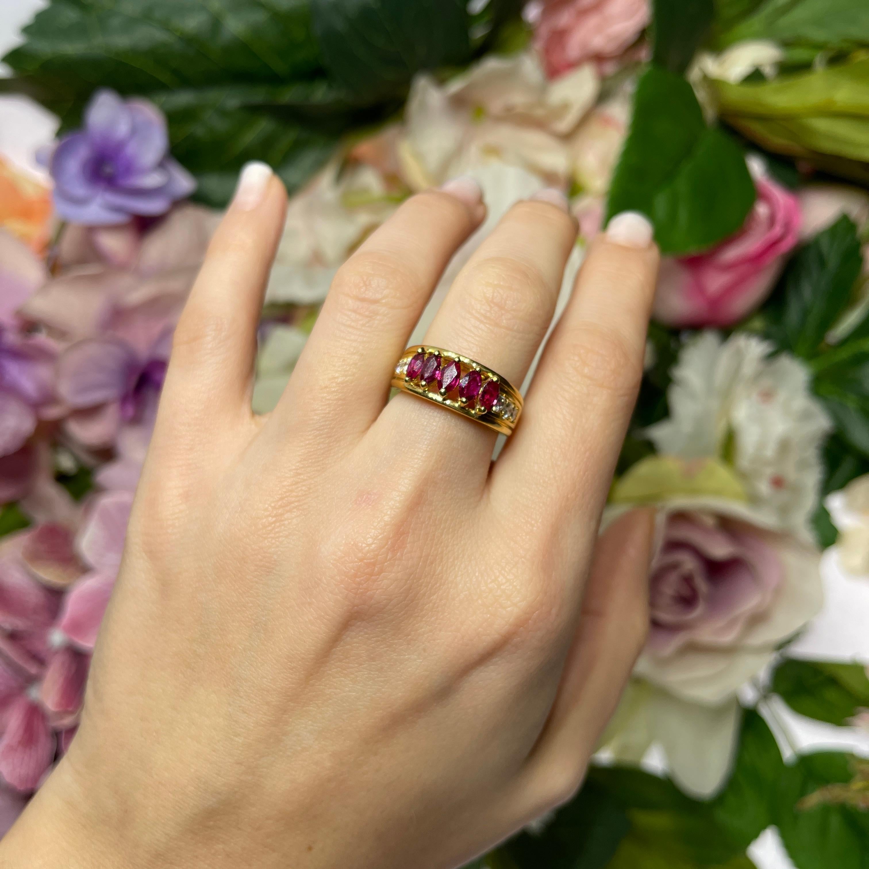 18K Yellow Gold Band Ring with Ruby Navettes and Diamond Pavé For Sale 2