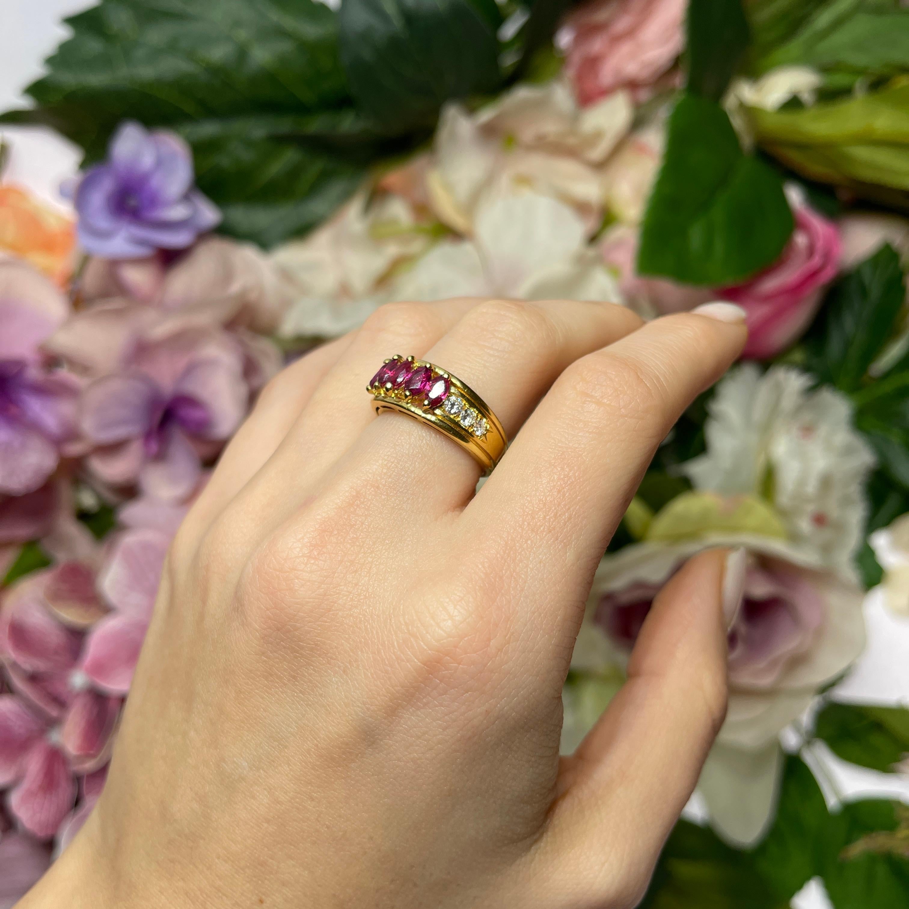 18K Yellow Gold Band Ring with Ruby Navettes and Diamond Pavé For Sale 3