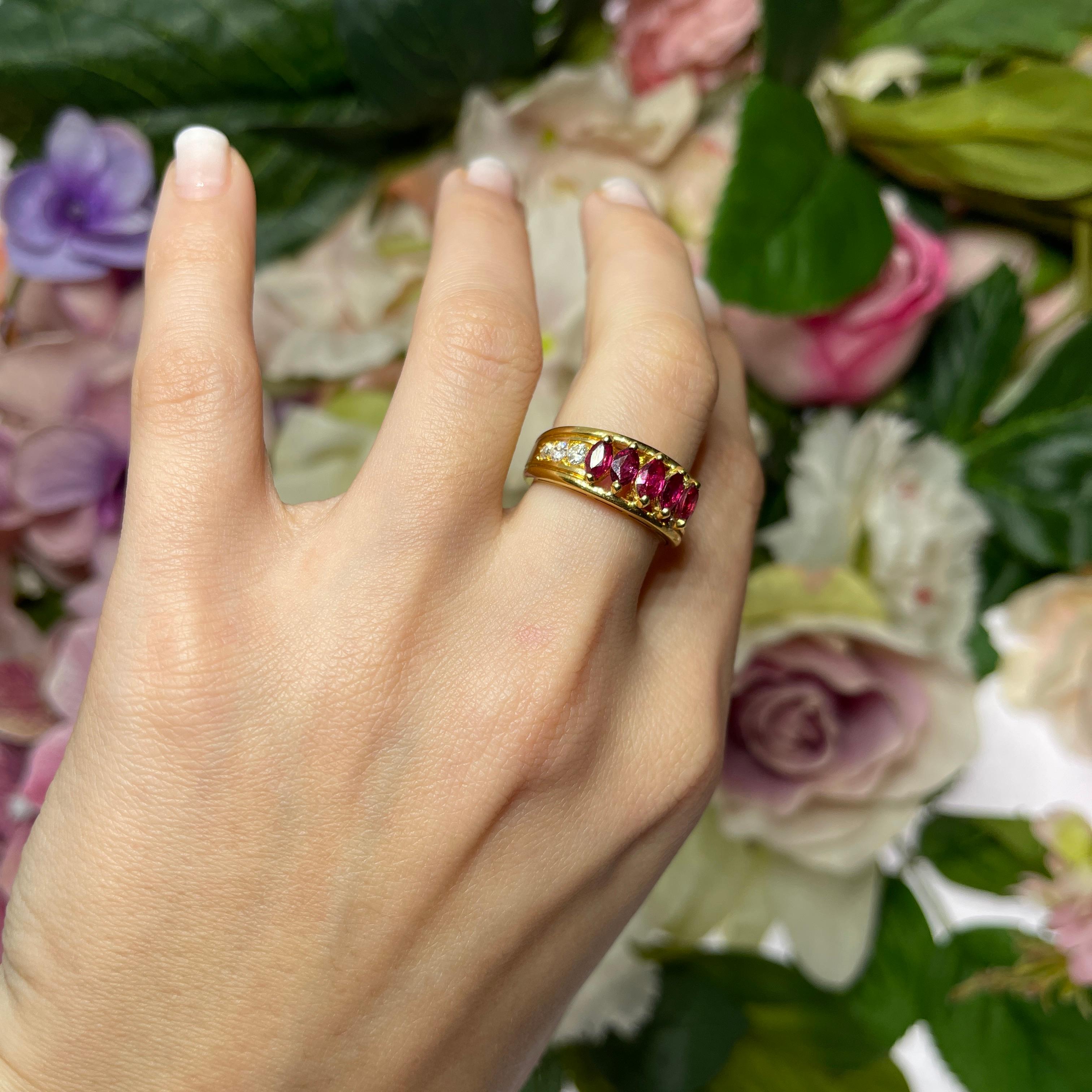 18K Yellow Gold Band Ring with Ruby Navettes and Diamond Pavé For Sale 4