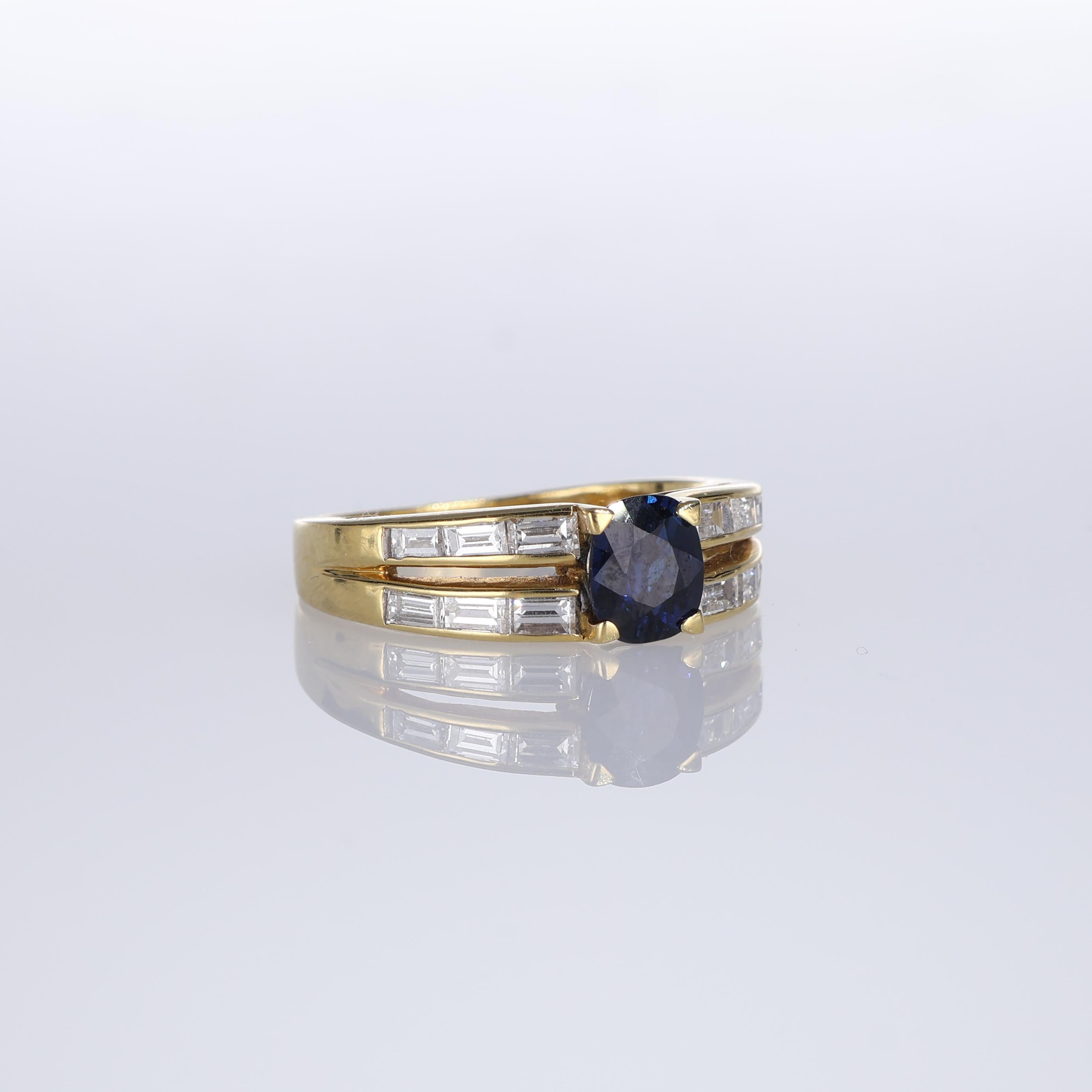 Brilliant Cut 18K Yellow Gold Band Ring with Sapphire and Baguette Diamonds For Sale