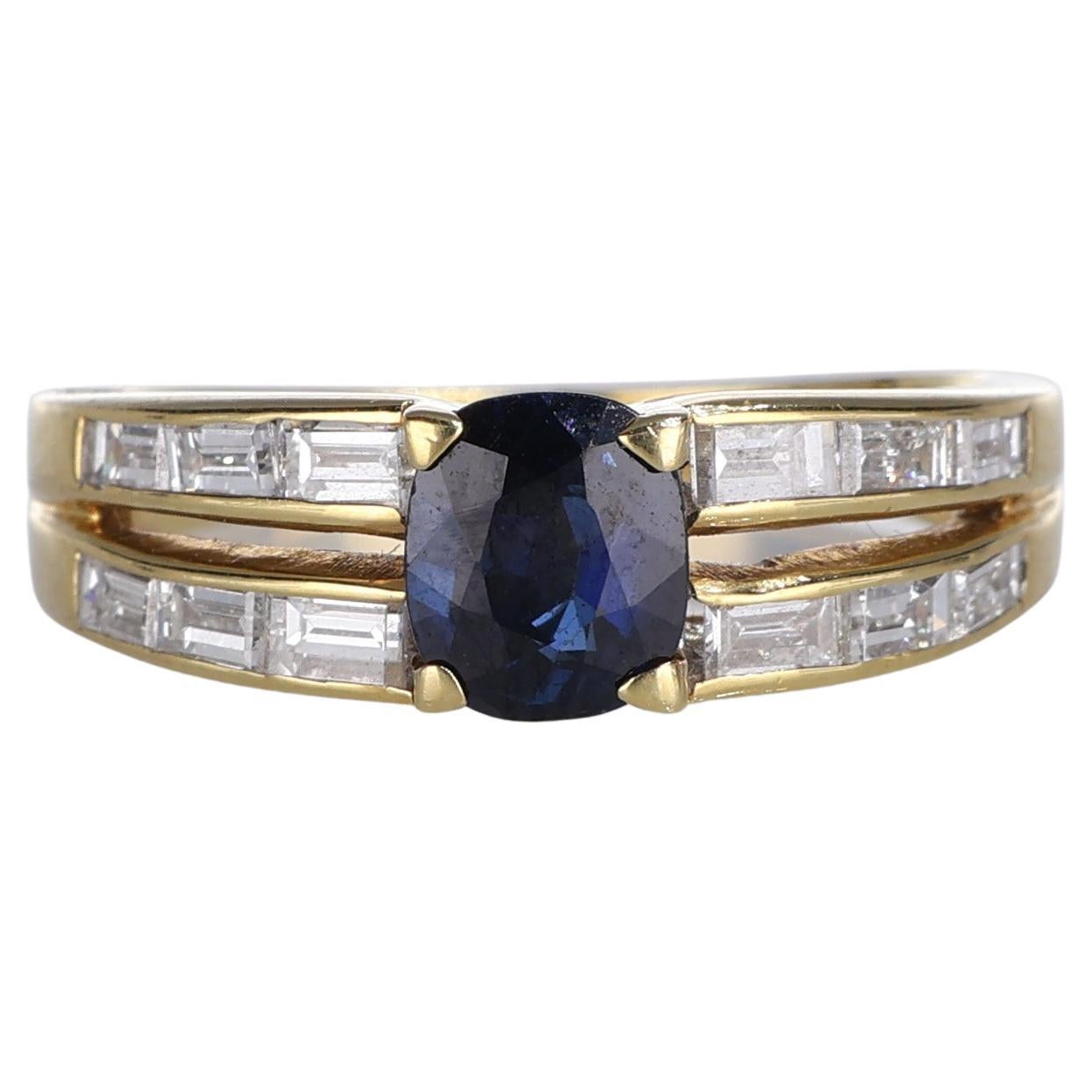 18K Yellow Gold Band Ring with Sapphire and Baguette Diamonds