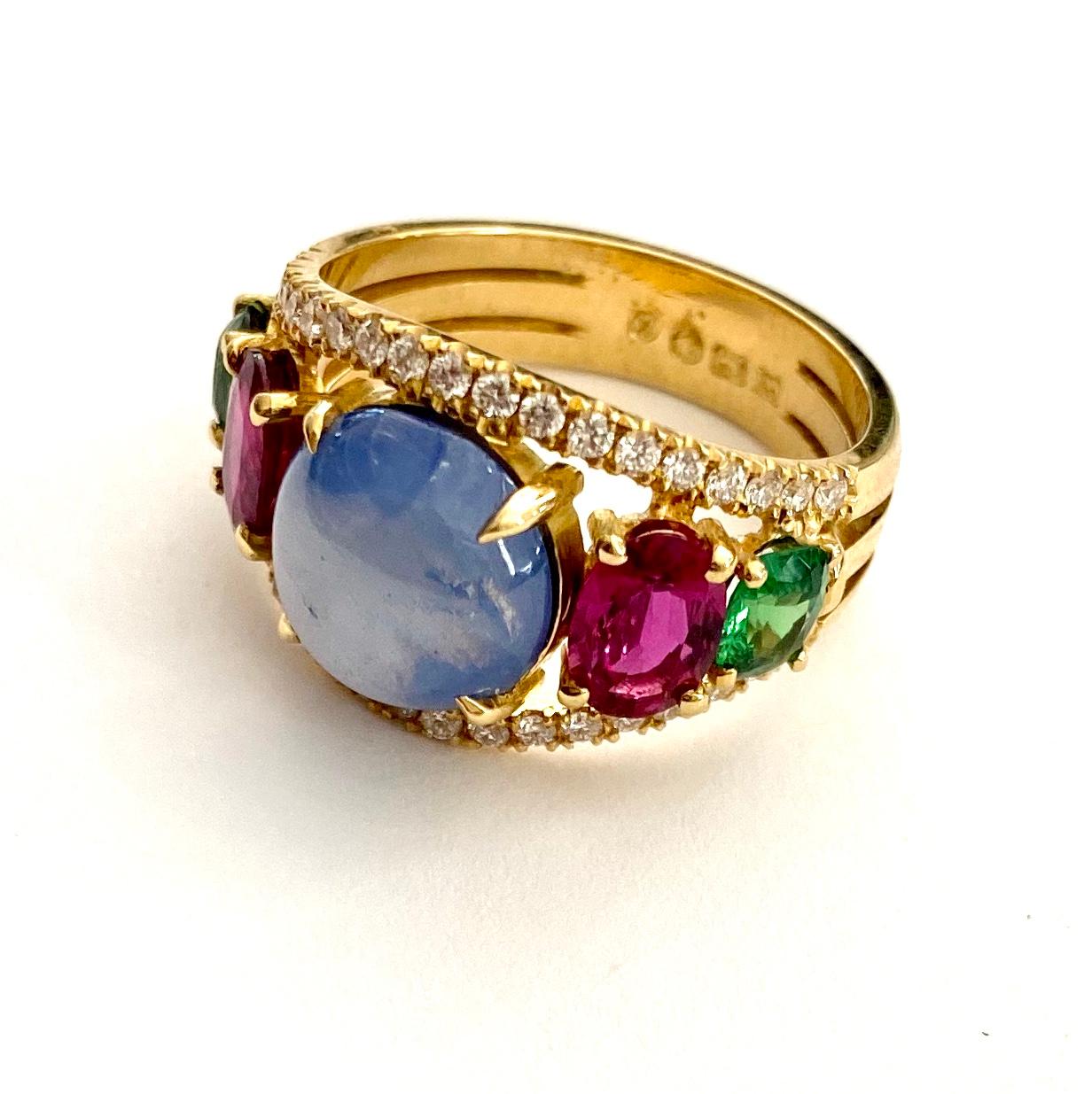 Modernist 18k. Yellow Gold Band Ring, Set with 1 Sapphire 2 Ruby, 2 Tsavorite and 38 Diam For Sale