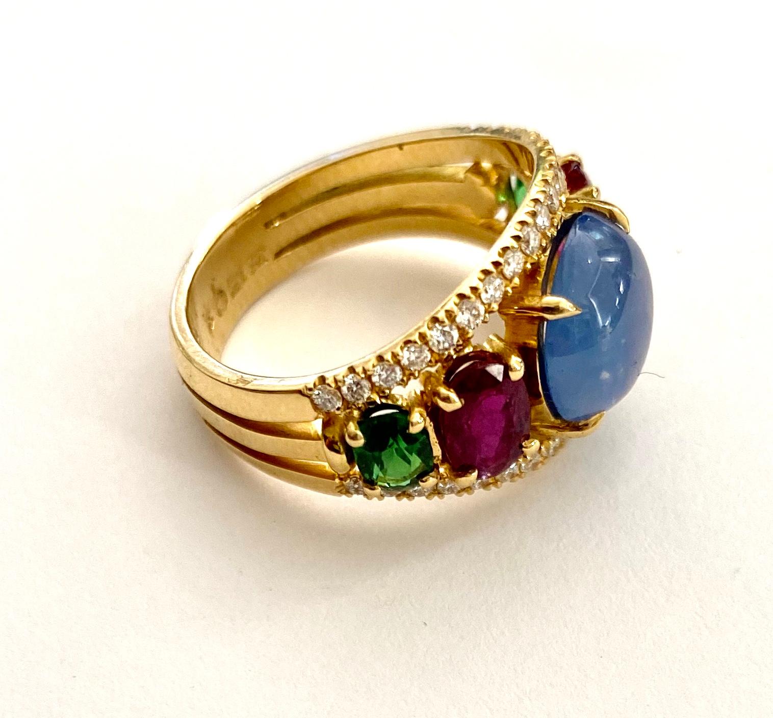 Cabochon 18k. Yellow Gold Band Ring, Set with 1 Sapphire 2 Ruby, 2 Tsavorite and 38 Diam For Sale