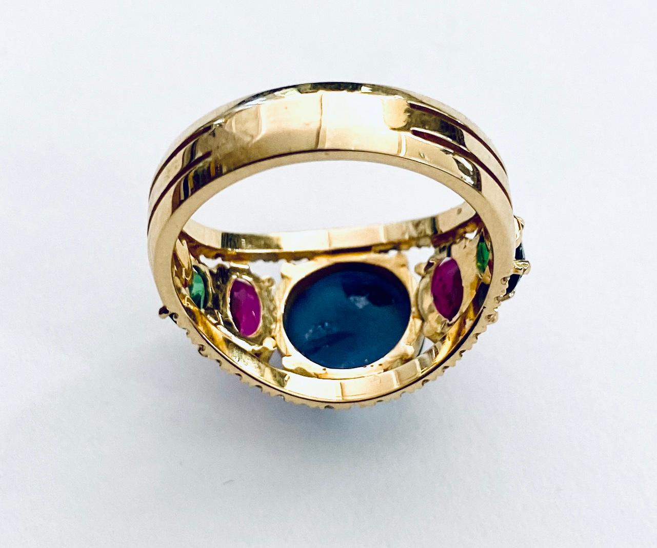 18k. Yellow Gold Band Ring, Set with 1 Sapphire 2 Ruby, 2 Tsavorite and 38 Diam In New Condition For Sale In Heerlen, NL