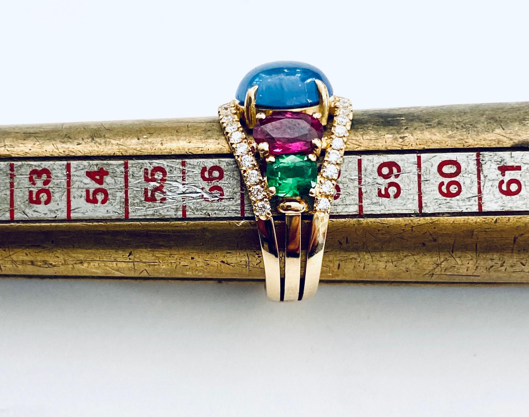 Women's 18k. Yellow Gold Band Ring, Set with 1 Sapphire 2 Ruby, 2 Tsavorite and 38 Diam For Sale