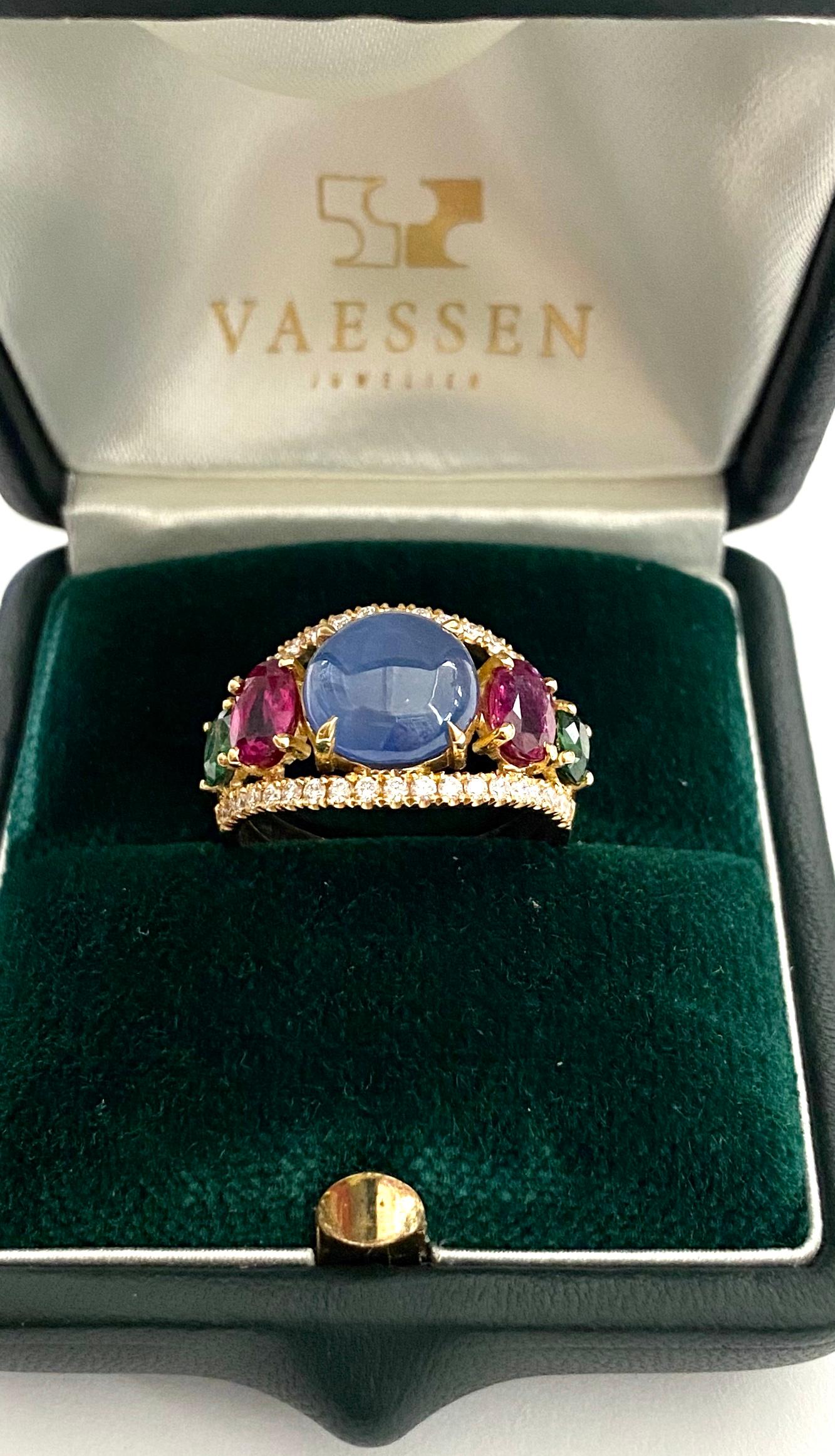 18k. Yellow Gold Band Ring, Set with 1 Sapphire 2 Ruby, 2 Tsavorite and 38 Diam For Sale 1