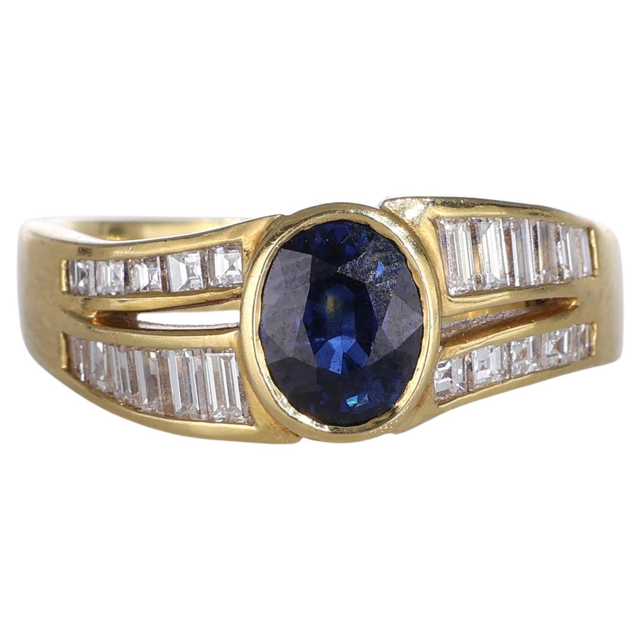 18K Yellow Gold Band with Oval Sapphire and Baguette Diamonds