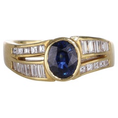 18K Yellow Gold Band with Oval Sapphire and Baguette Diamonds