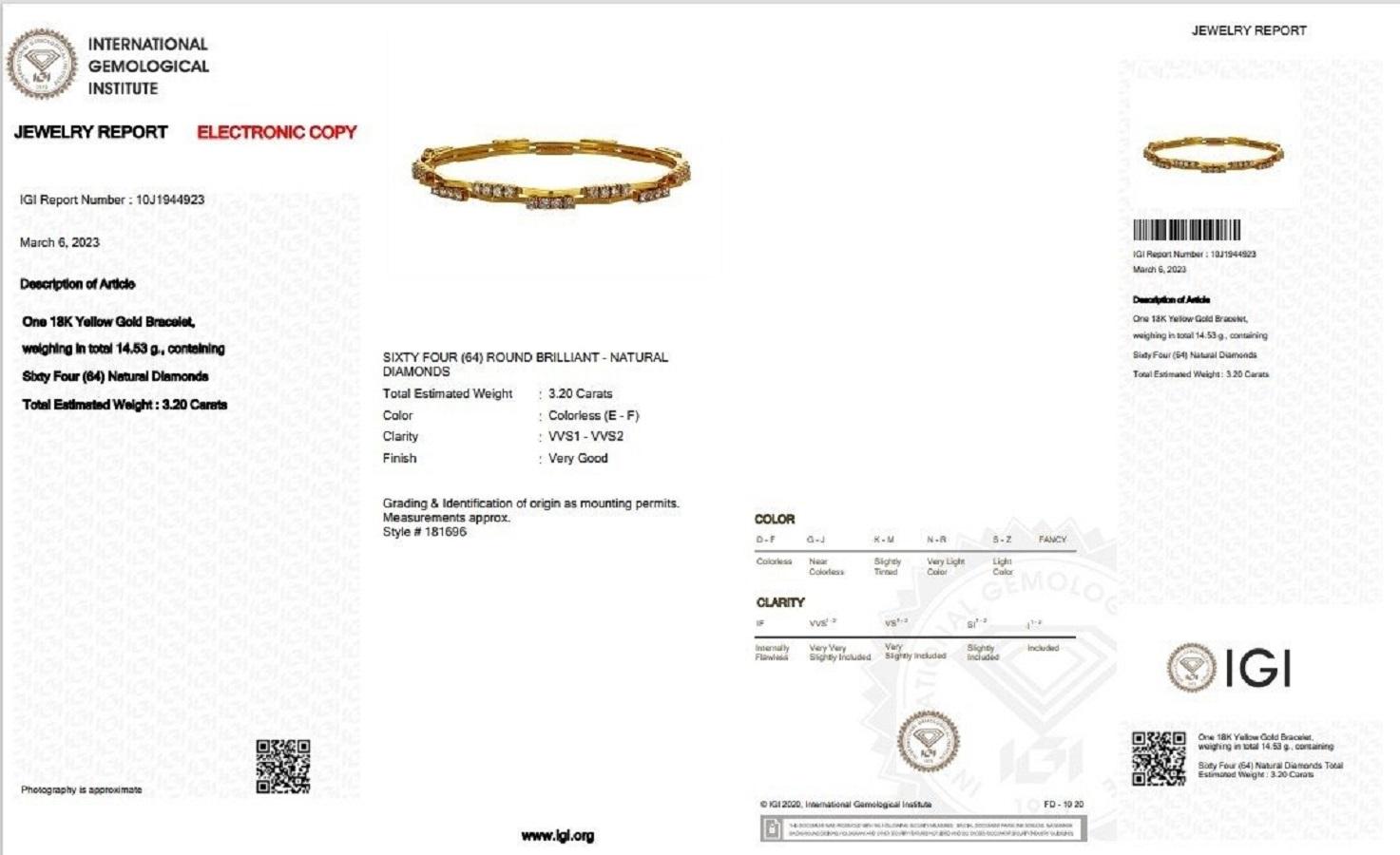 Round Cut 18k Yellow Gold Bangle Bracelet with 3.2ct Natural Diamonds IGI Certificate For Sale