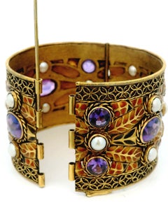 18k Gelbgold Armreif Plique a Jour Amethyst Cabochons & Perlen