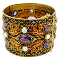 18k Yellow Gold Bangle Plique a Jour Amethyst Cabochons & Pearls