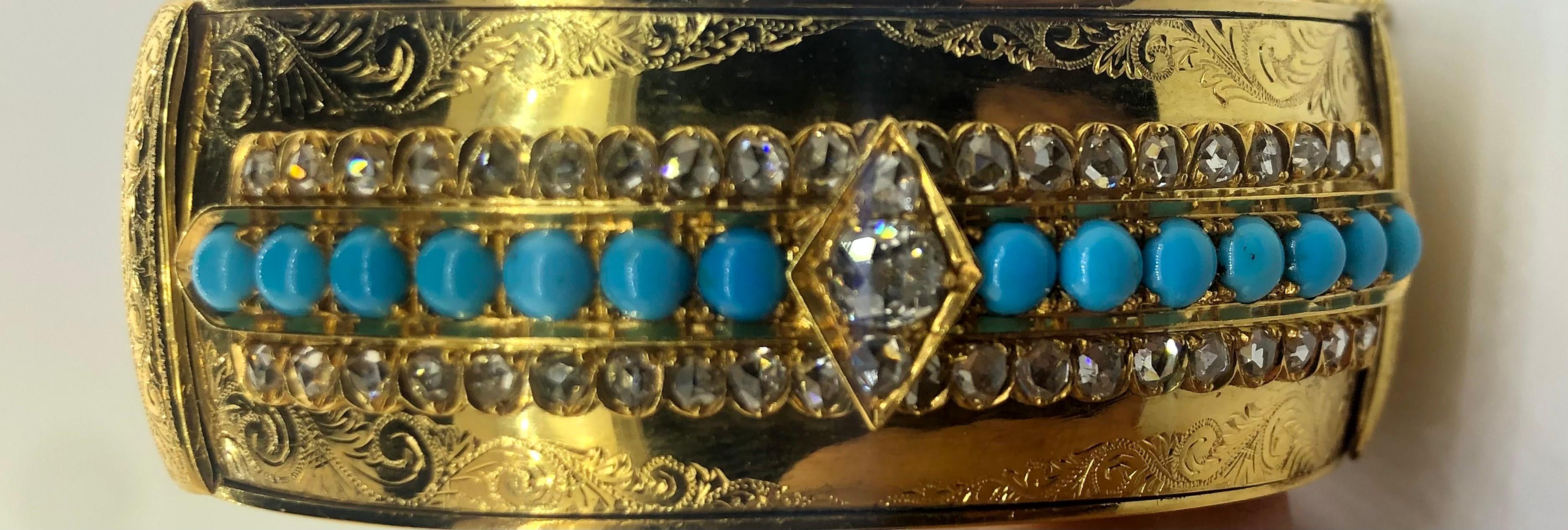 18 Karat Gelbgold Armreif mit türkisfarbenen und runden Diamanten (Gemischter Schliff)