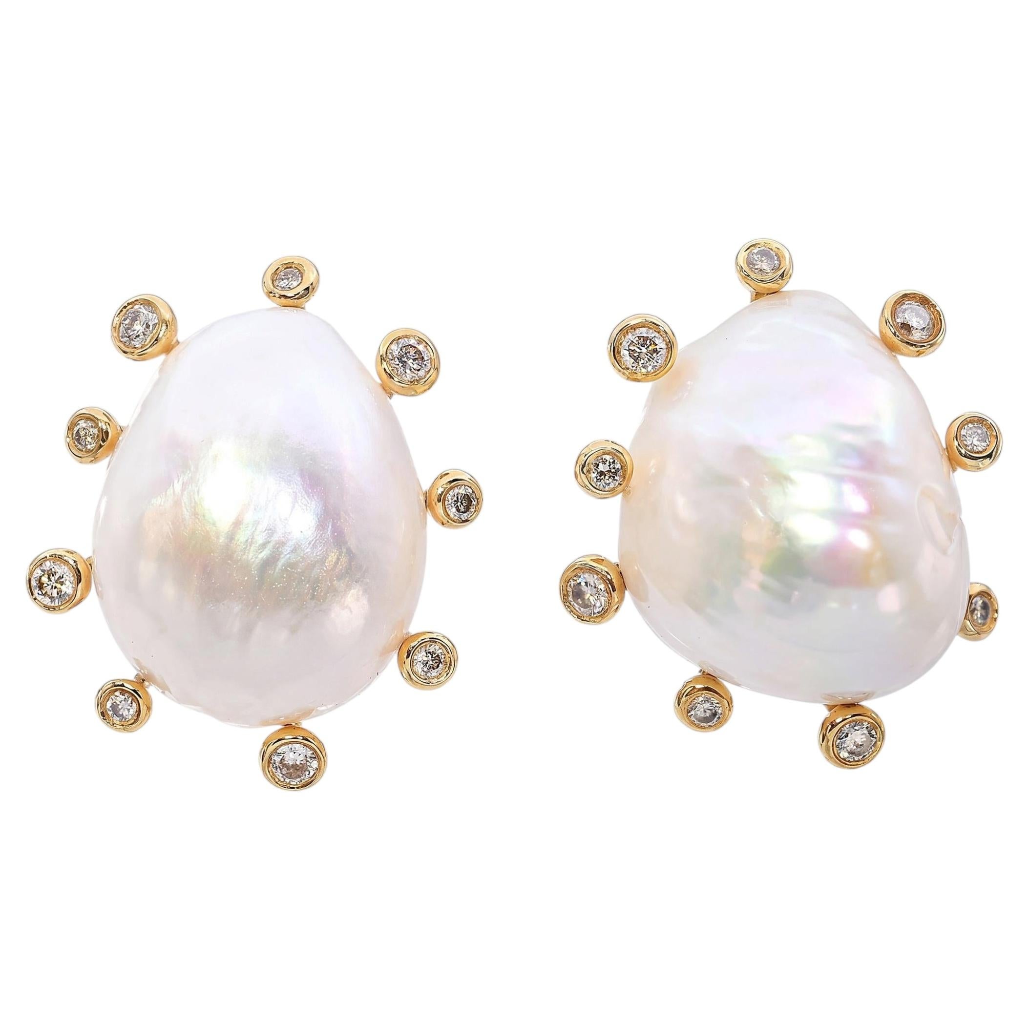 18k Yellow Gold Baroque Pearl and Diamond Stud Earrings