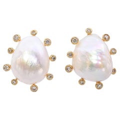 18k Yellow Gold Baroque Pearl and Diamond Stud Earrings