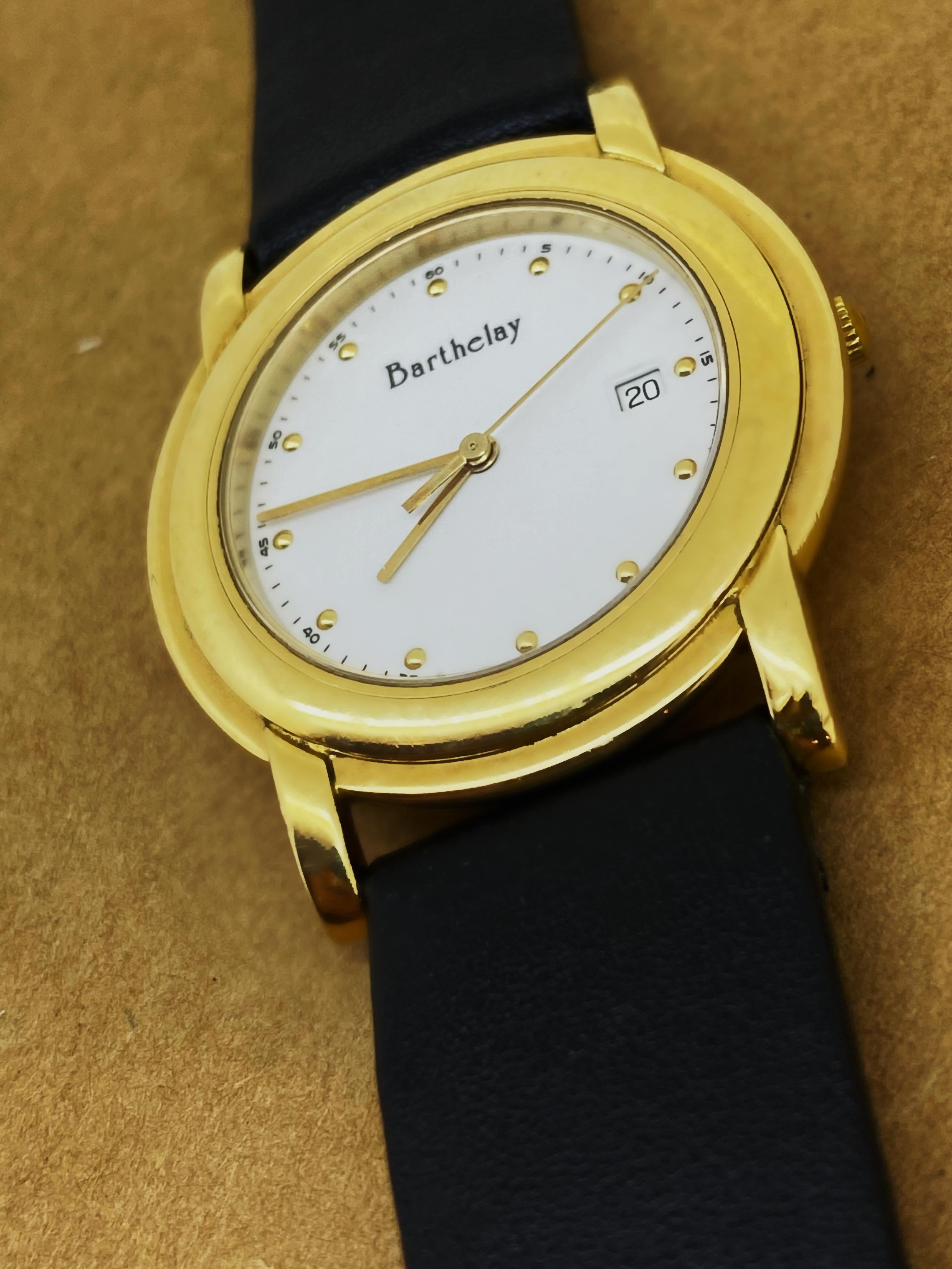Modern 18K Yellow Gold Barthelay (est 1931) Paris Automatic 32mm Mens' Watch with Date For Sale