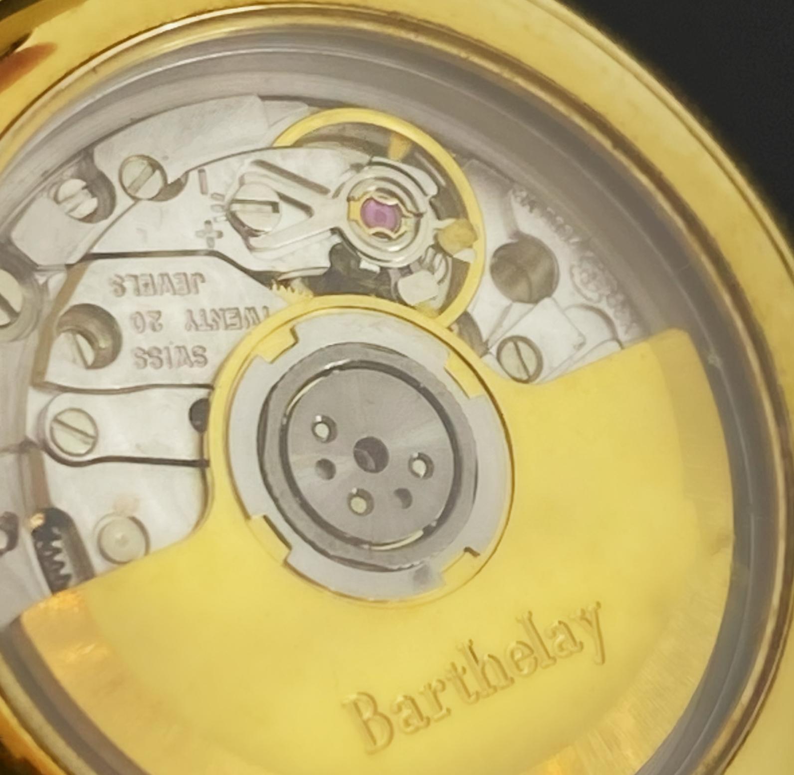 18K Yellow Gold Barthelay (est 1931) Paris Automatic 32mm Mens' Watch with Date In Excellent Condition For Sale In MELBOURNE, AU