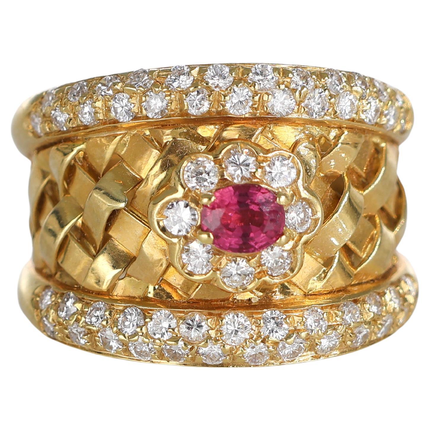 18k Yellow Gold Basket Weave Ring with Central Ruby and Diamond Flower