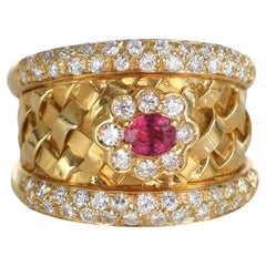 18k Yellow Gold Basket Weave Ring with Central Ruby and Diamond Flower