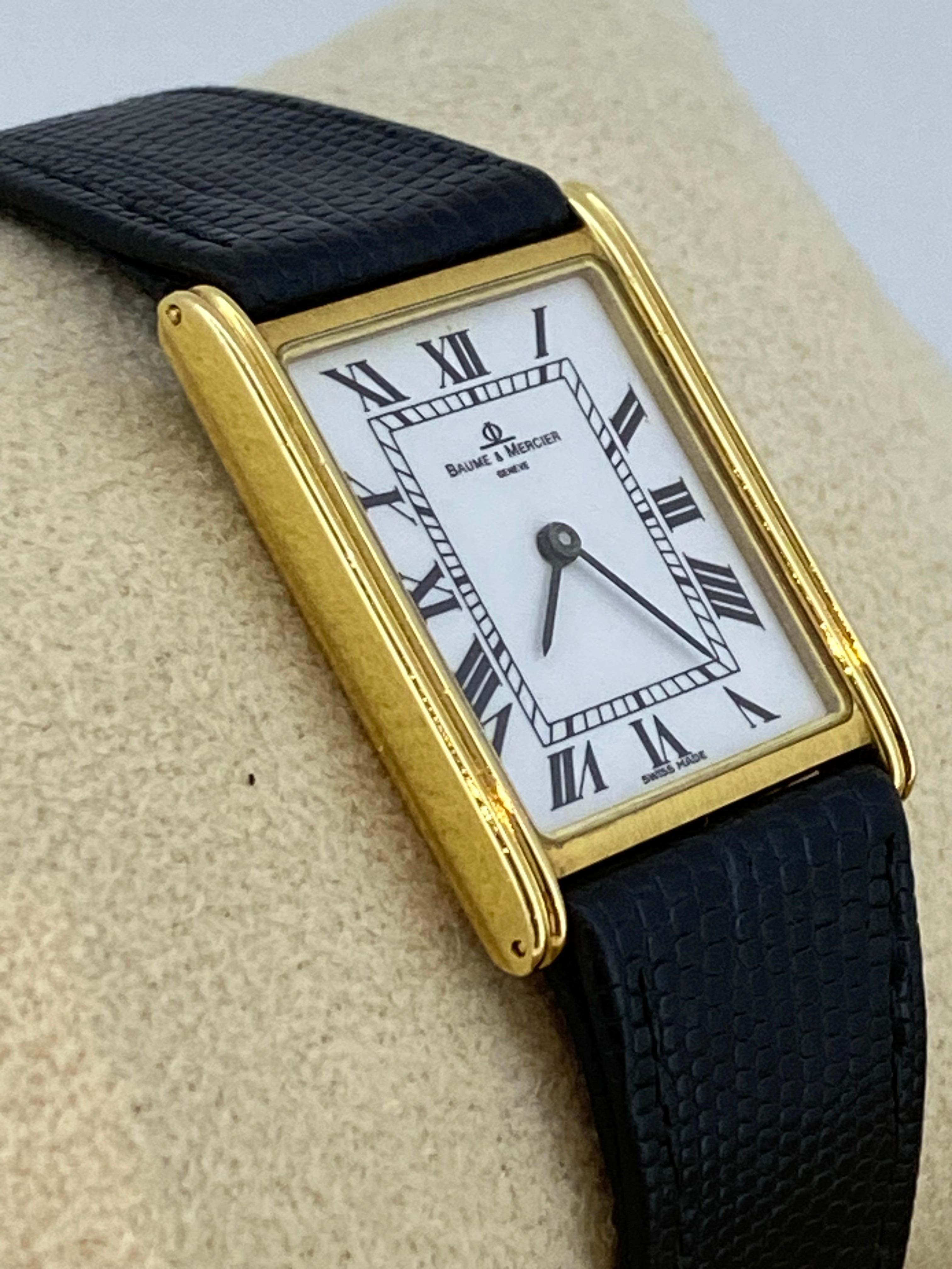 18 Karat Gelbgold Baume & Mercier Geneve Ref 1830 Schweizer Quarz Rechteckige Uhr im Angebot 2