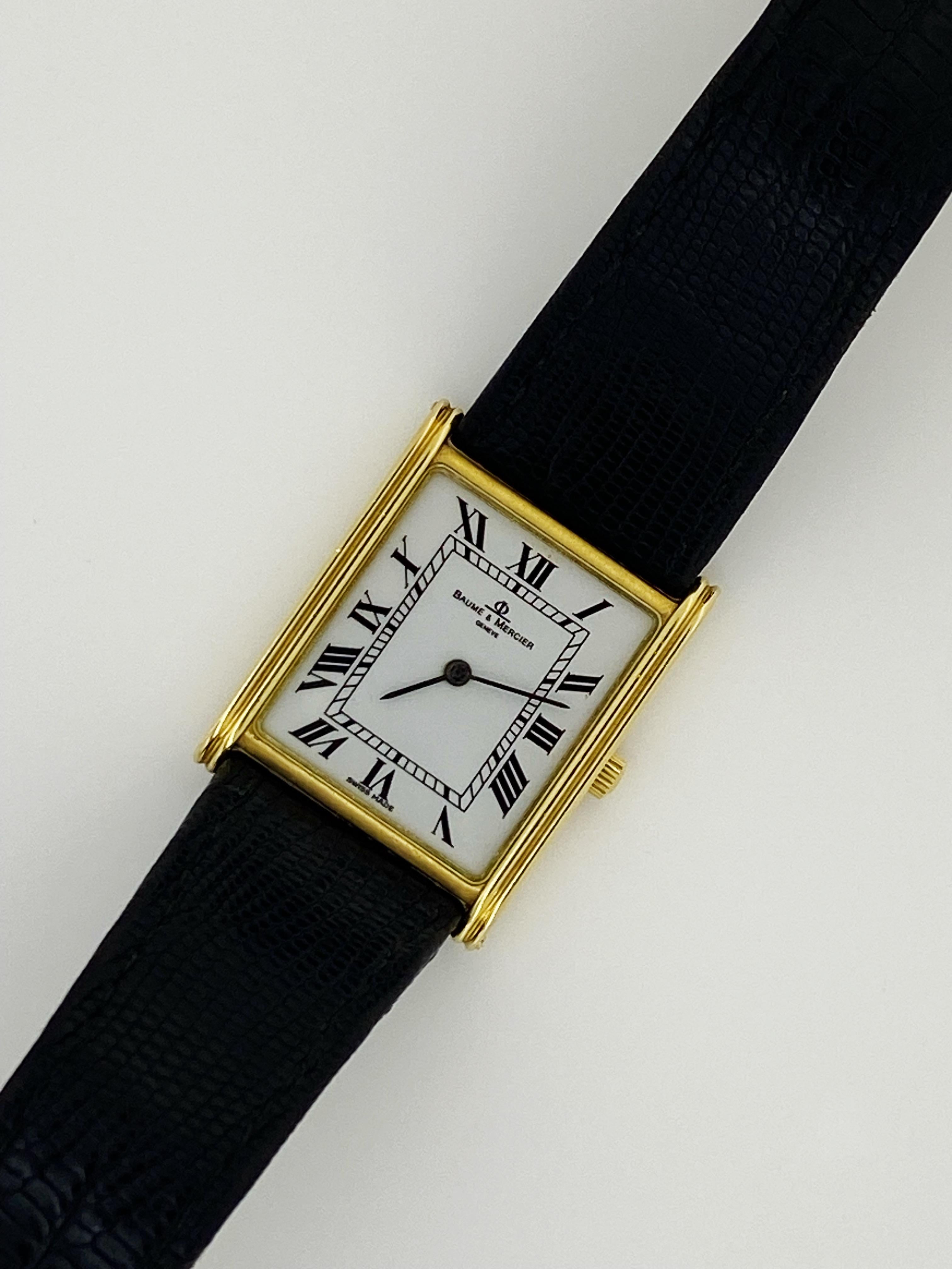 18 Karat Gelbgold Baume & Mercier Geneve Ref 1830 Schweizer Quarz Rechteckige Uhr im Angebot 3