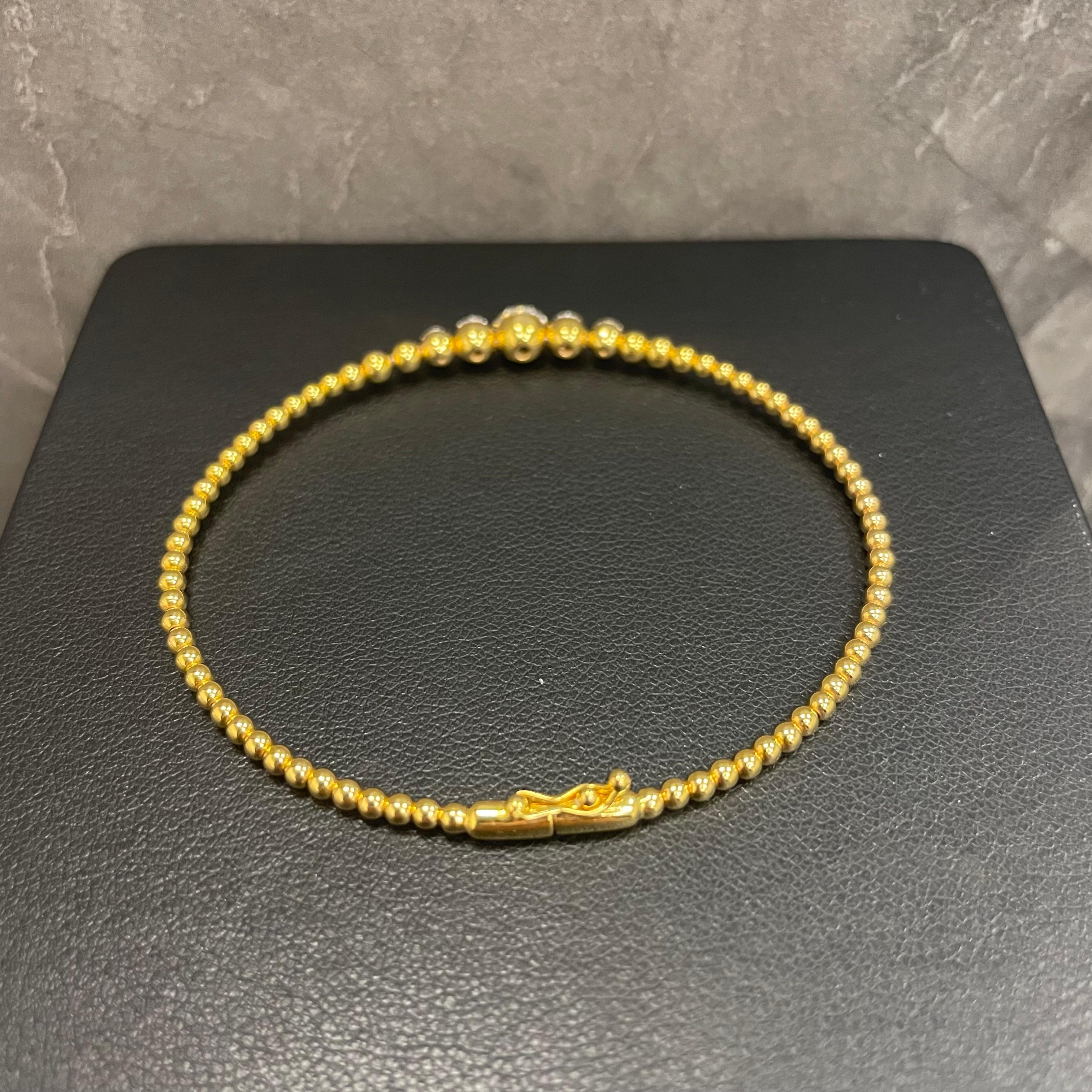 Round Cut 18K Yellow Gold Bead Bangle with Diamonds For Sale