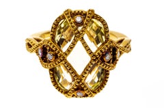 18k Yellow Gold Beaded Caged Checkerboard Citrine and Diamond Ring