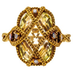 18k Yellow Gold Beaded Caged Checkerboard Citrine and Diamond Ring