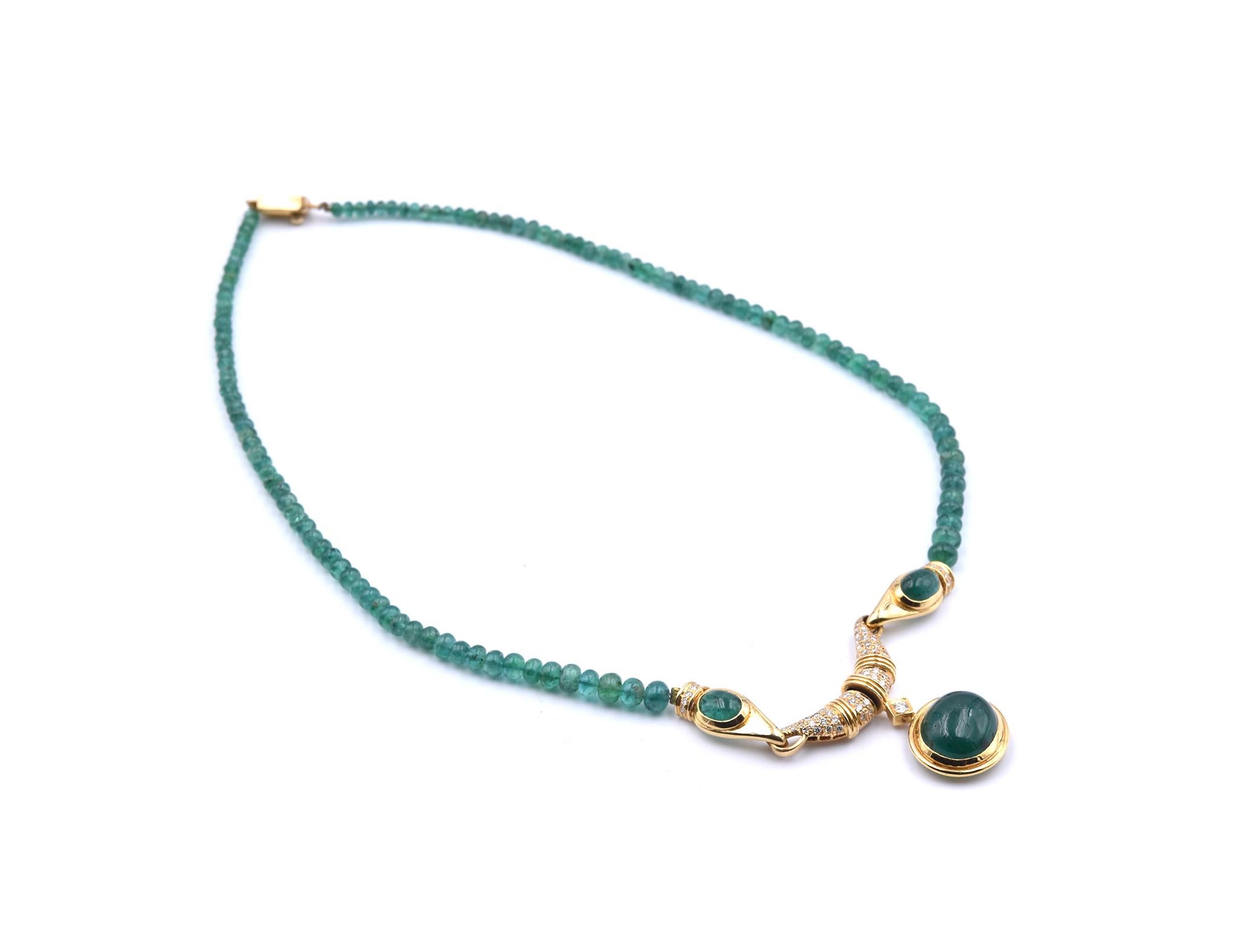 Designer: custom design
Material: 18k yellow gold
Diamonds:  round brilliant cut= .37cttw
Color: H
Clarity: SI1
Dimensions: necklace is 18-inches long, emerald pendant drop is ¾-inch long and it is 17.48mm wide
Weight: 18.00 grams