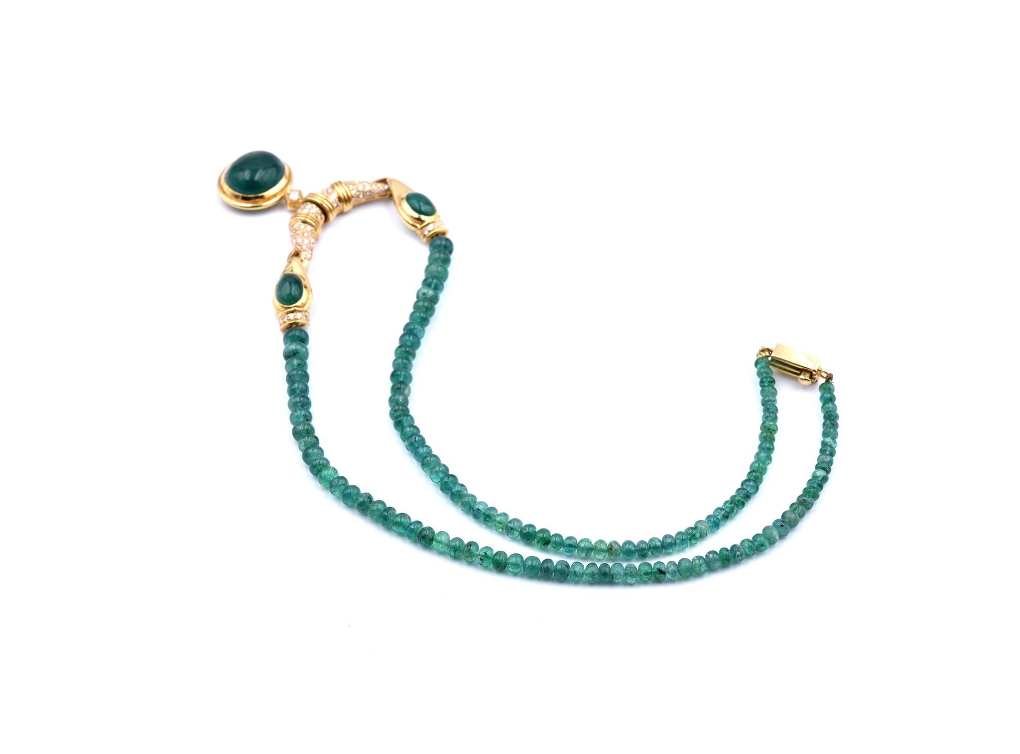 Round Cut 18 Karat Yellow Gold Beaded Emerald and Diamond Necklace