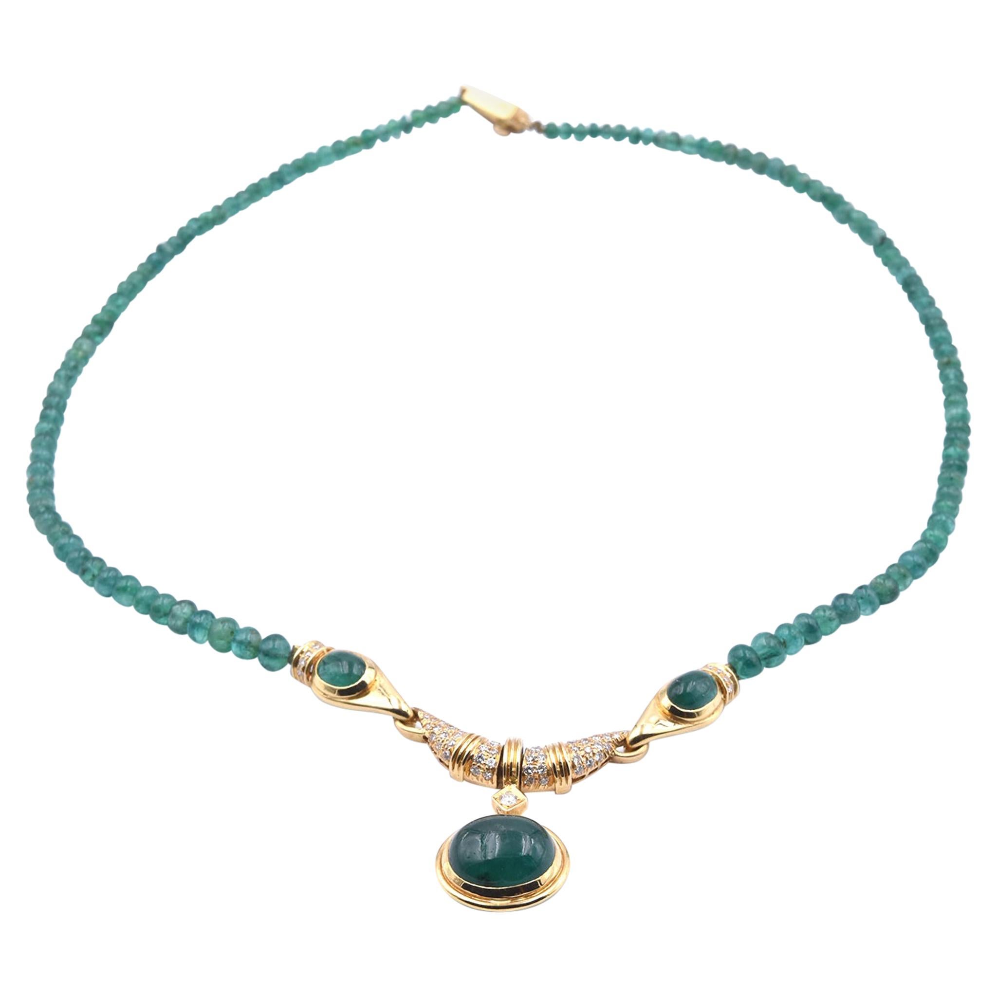 18 Karat Yellow Gold Beaded Emerald and Diamond Necklace