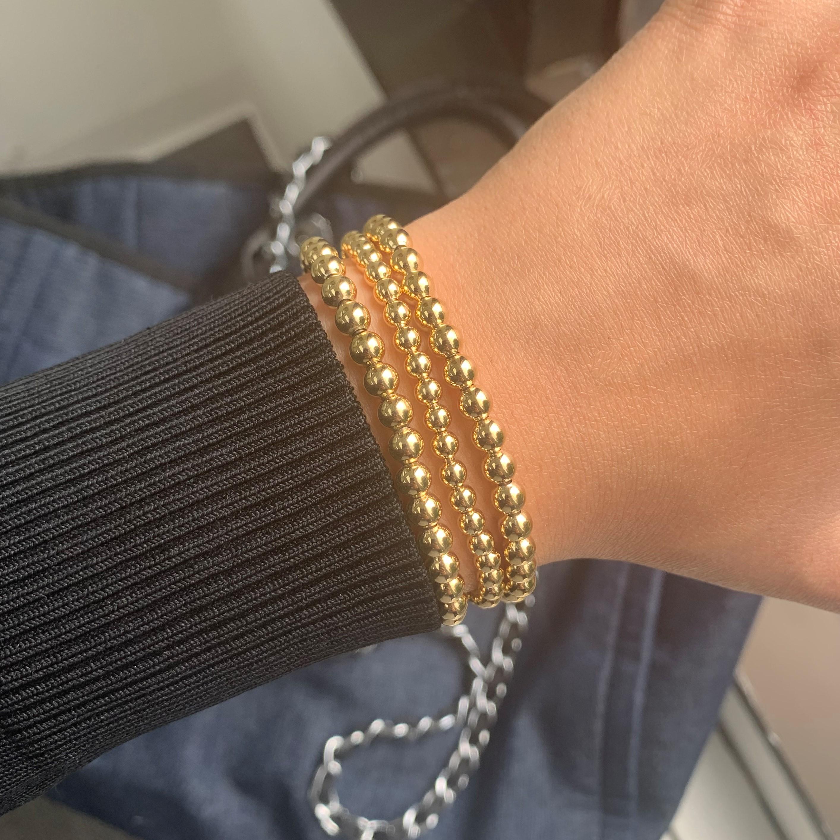 18k Yellow Gold Beaded Stretch Bracelet Beads 4mm In New Condition For Sale In Great neck, NY