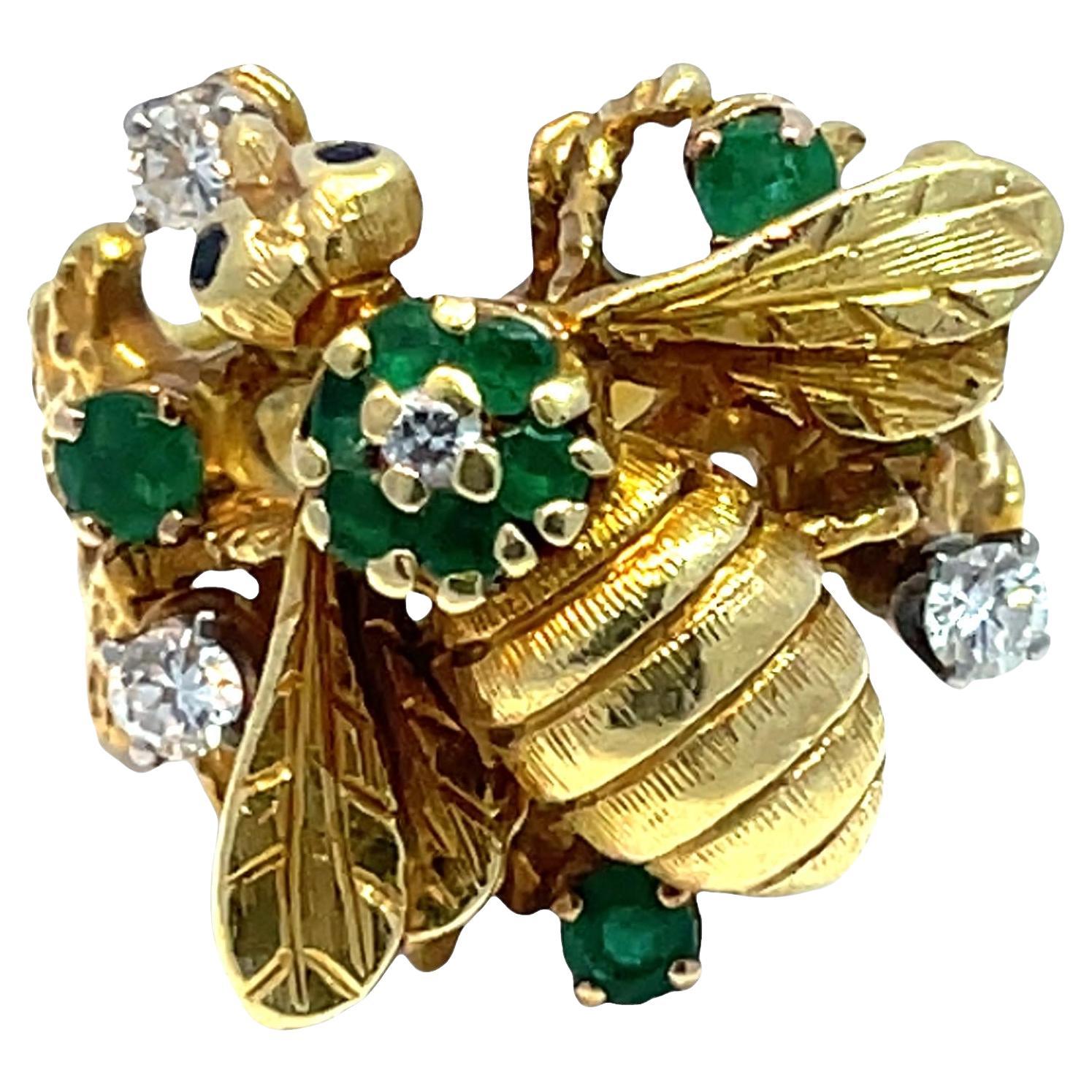 18K Yellow Gold Bee Cocktail Ring with Emeralds 
Diamonds