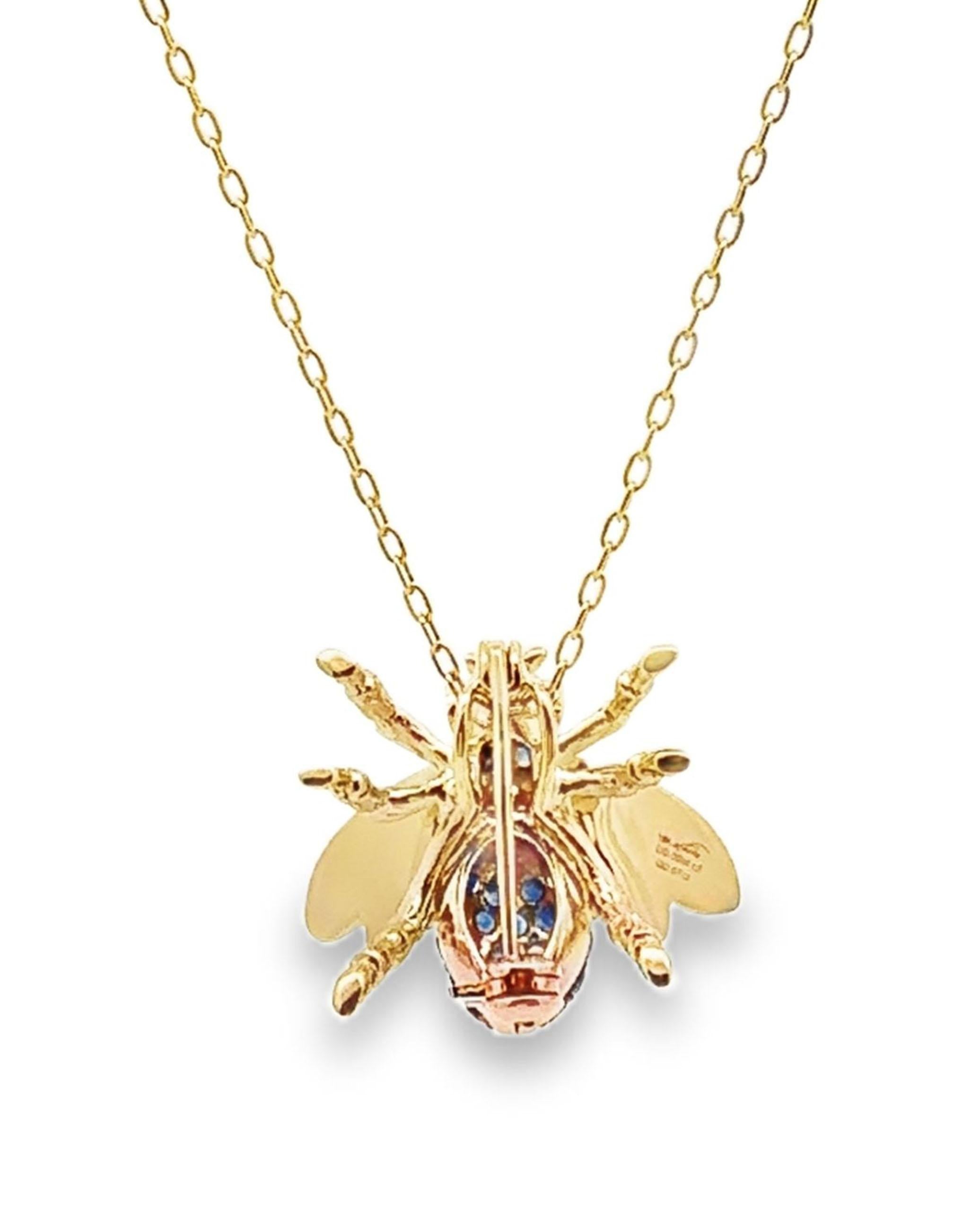 Contemporary 18K Yellow Gold Bee Pendant/Brooch Necklace with Diamonds & Blue Sapphires For Sale