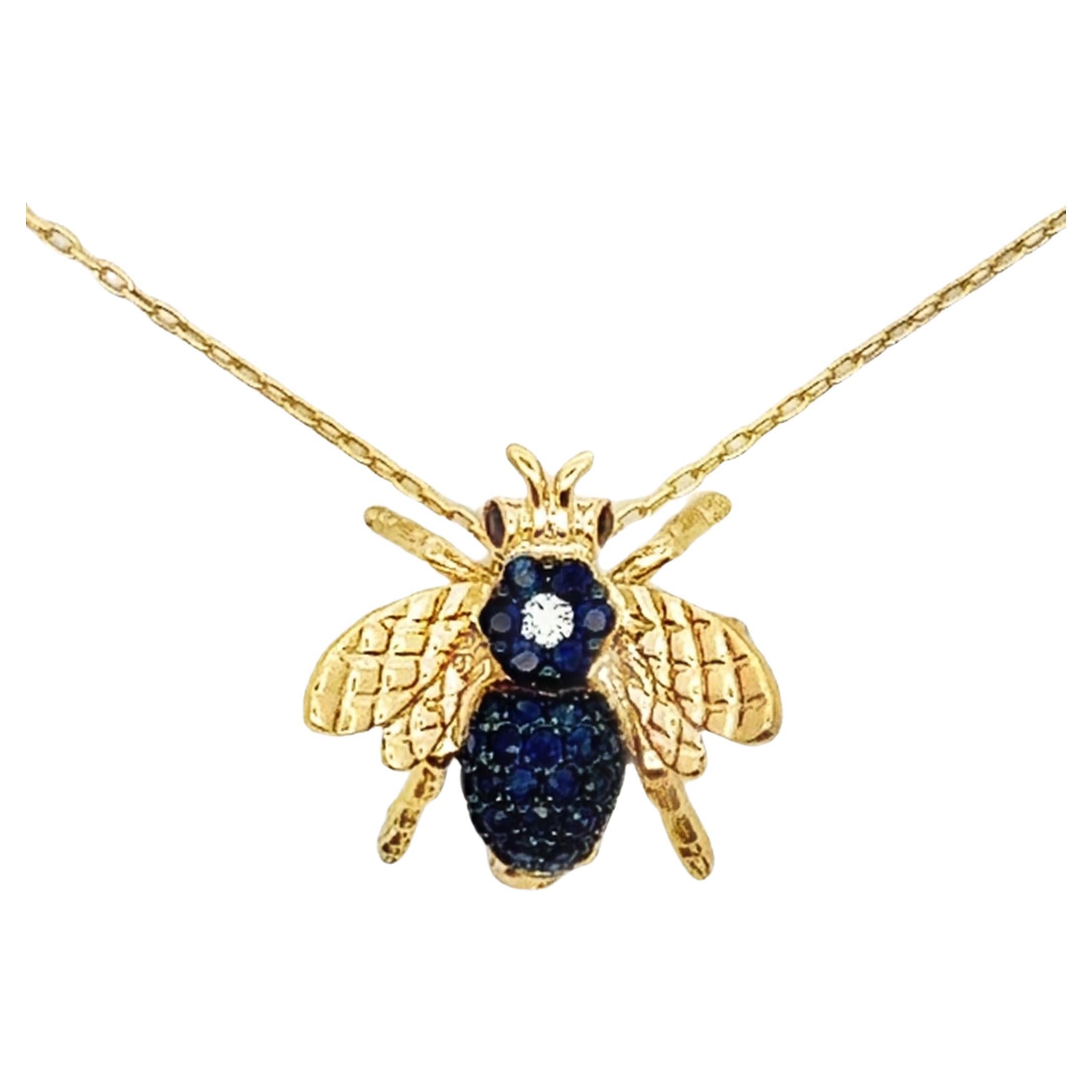 18K Yellow Gold Bee Pendant/Brooch Necklace with Diamonds & Blue Sapphires