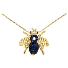 18K Yellow Gold Bee Pendant/Brooch Necklace with Diamonds & Blue Sapphires