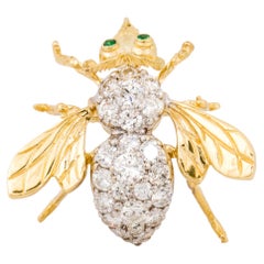 18K Yellow Gold Bee Pin with 1.60ct Diamonds & Emerald Eyes, 1960s