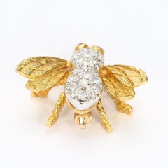 18k Yellow Gold Bee Pin with Ruby Eyes & Diamonds