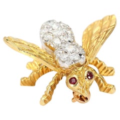 18k Yellow Gold Bee Pin with Ruby Eyes & Diamonds