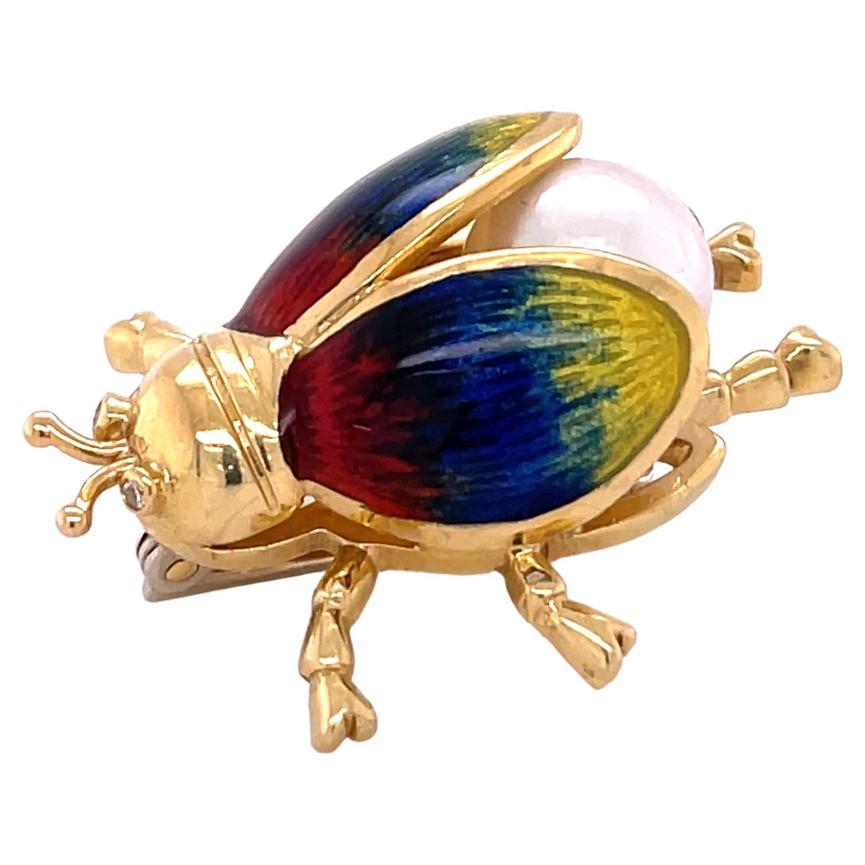 18K Yellow Gold Beetle Pin with Enamel and Pearl For Sale