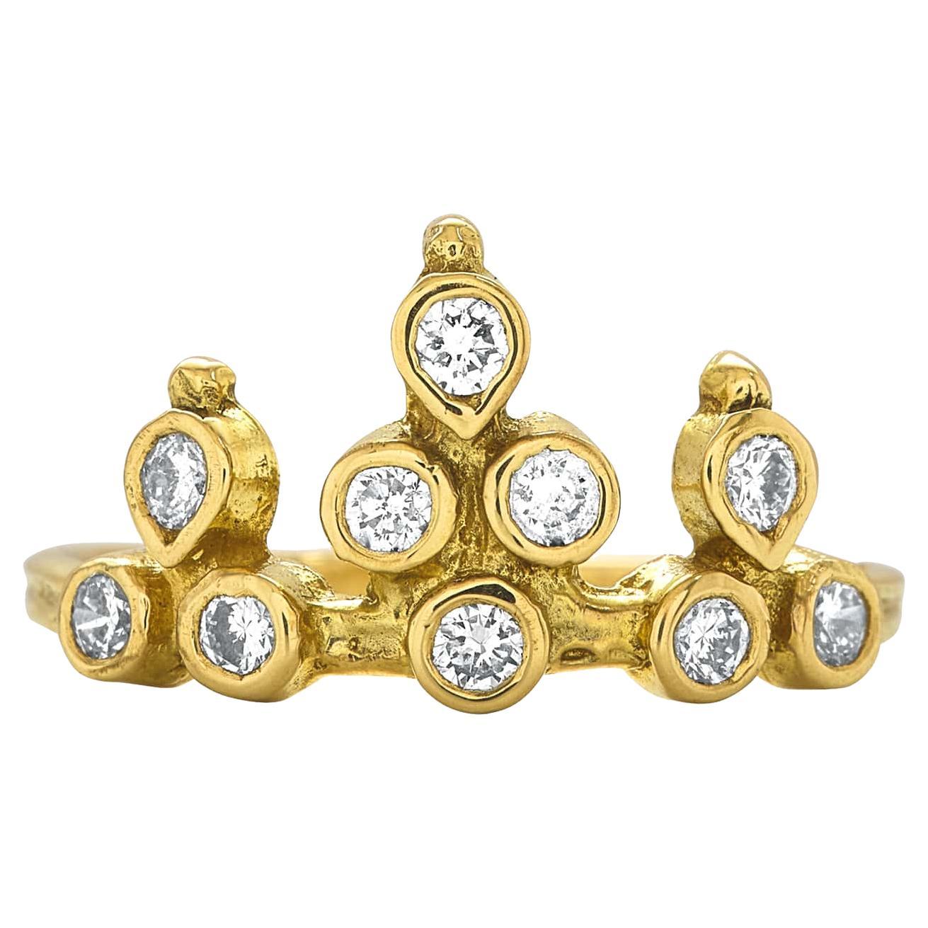 18k Yellow Gold Belgian Tiara Ring with Brilliant-Cut Colorless Diamonds For Sale