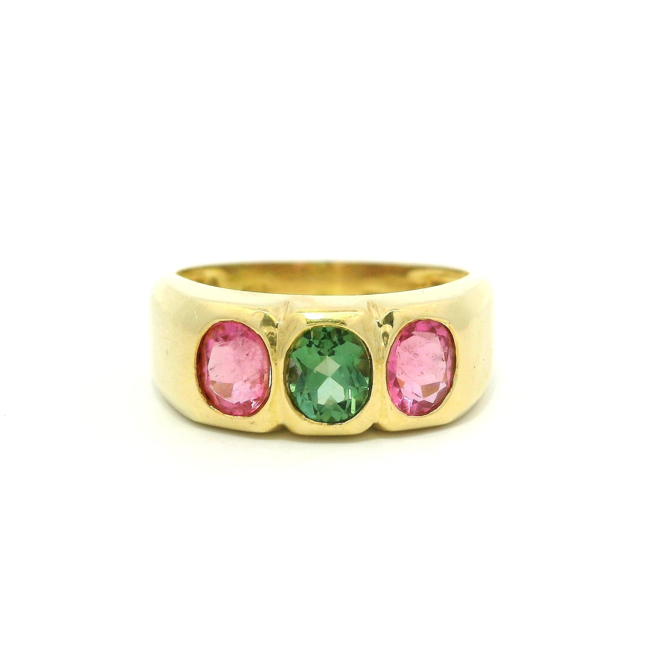 18k Yellow Gold Bezel Bright Pink Green Tourmaline Three 3 Stone Band Ring
