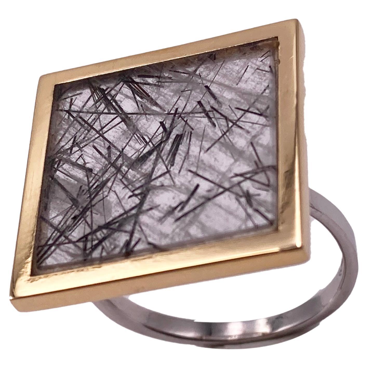 18k Yellow Gold Bezel Contemporary Tourmalineted Quartz Unique Piece Man Ring For Sale