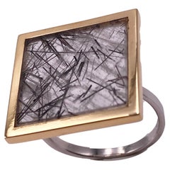 18k Yellow Gold Bezel Contemporary Tourmalineted Quartz Unique Piece Man Ring