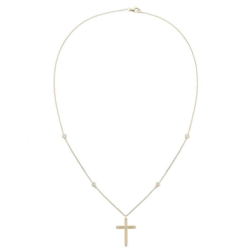 Modern 18K Yellow Gold Bezel Diamond Cross Necklace, 0.20ct. For Sale