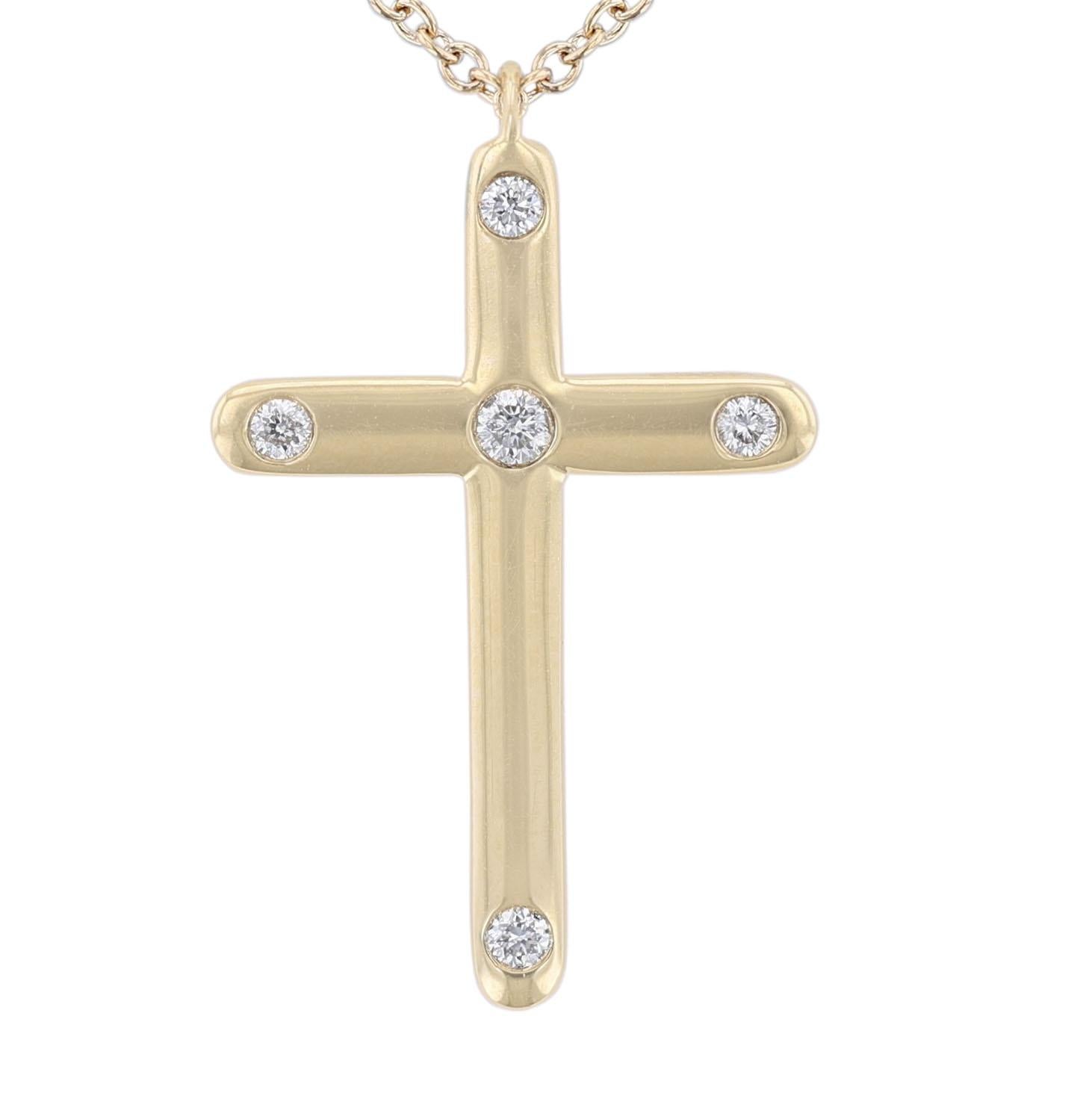 Round Cut 18K Yellow Gold Bezel Diamond Cross Necklace, 0.20ct. For Sale