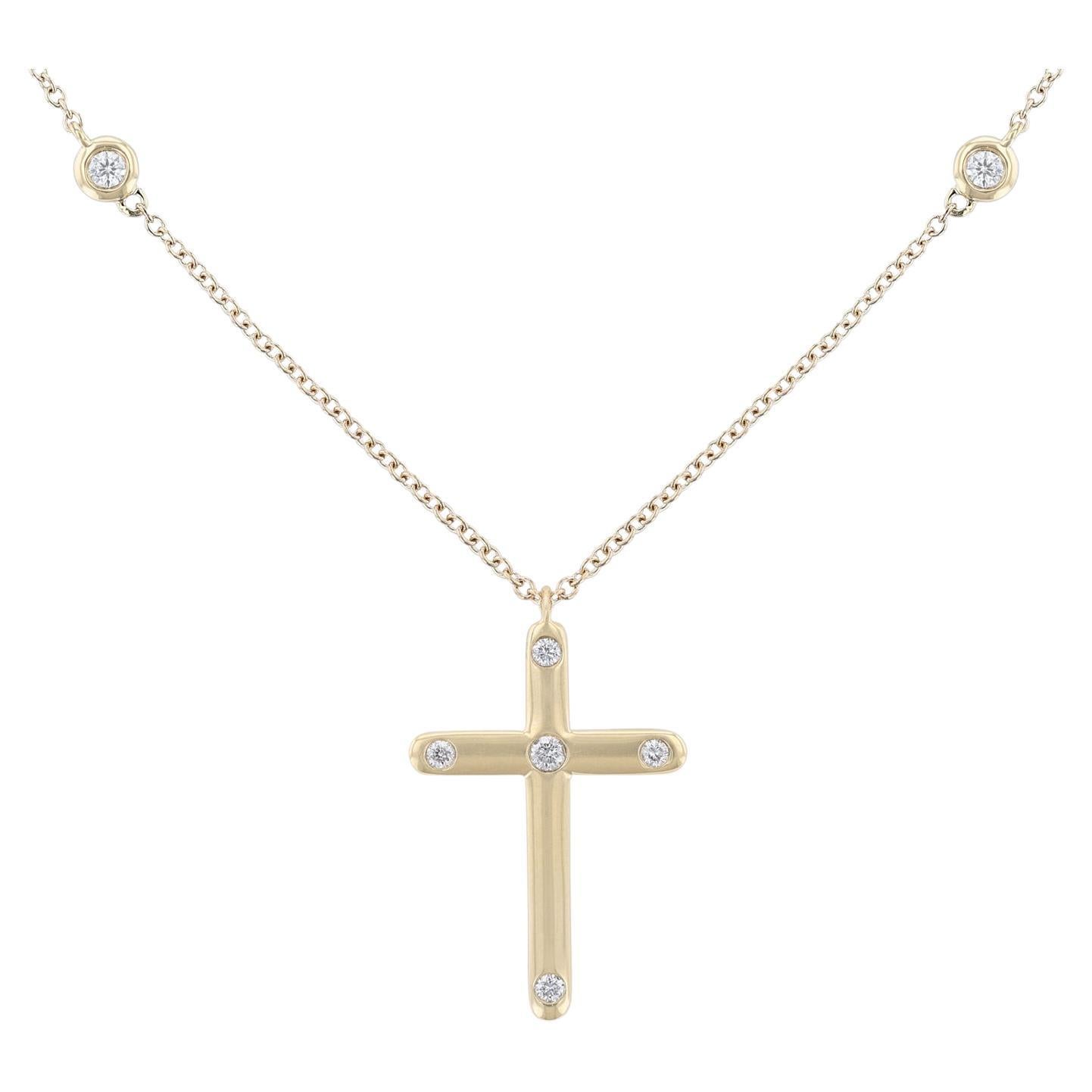 18K Yellow Gold Bezel Diamond Cross Necklace, 0.20ct. For Sale