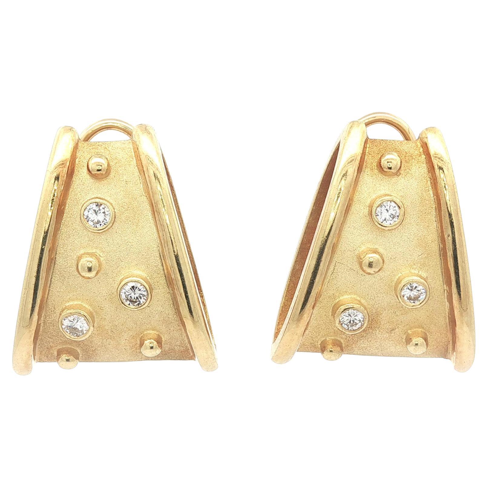 18k Yellow Gold Bezel Diamond Matte Finish Wide Tapered Flared Clip On Earrings