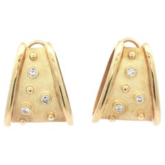 18k Yellow Gold Bezel Diamond Matte Finish Wide Tapered Flared Clip On Earrings