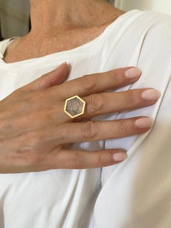 18k Yellow Gold Bezel Hexagonal Tourmalineted Quartz Unique Piece Design Ring